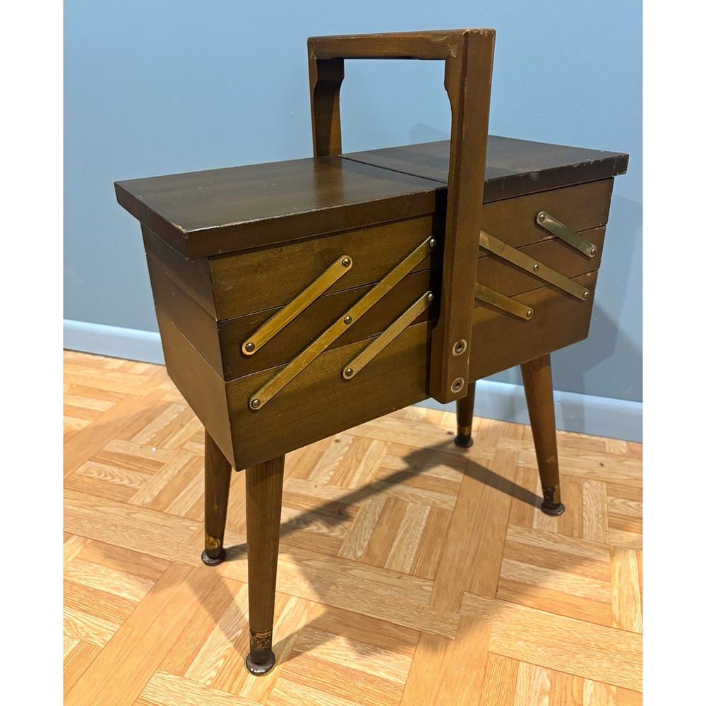Vtg MCM Wooden Accordion Cantilever Sewing Box / Craft Chest on Legs Brass Feet